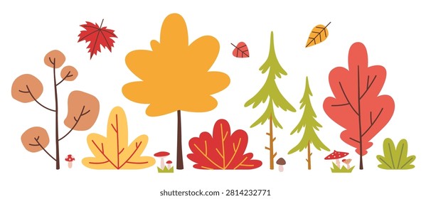 Autumn landscape elements with colorful trees, bushes, mushrooms and falling leaves. Flat vector collection for seasonal nature scenes and woodland illustrations