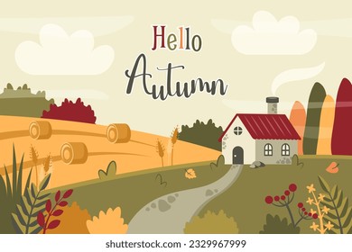 Herbstlandschaft. Herbst Schöner Hintergrund mit Feld, Haus, Weizen und Heuschrecken, Pfad. Ländliche Gebiete. Naturvorlage. Vektorflache Cartoon-Illustration für Banner, Poster, Cover, Grußkarte