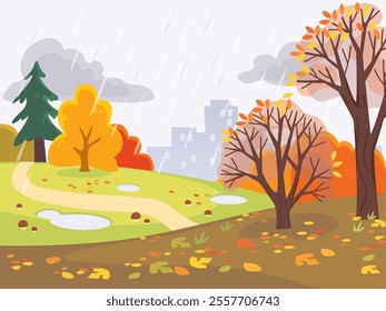 Autumn landscape. Fall in the park.  Path passes through empty autumn park with lawns and puddles  it's raining. Leaf fall in the forest. Mushrooms are growing. Gris day 