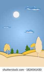 Autumn landscape with fall trees and clouds in paper cut style. Vector illustration EPS 10