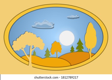 Autumn landscape with fall trees in paper cut style. Vector illustration EPS 10