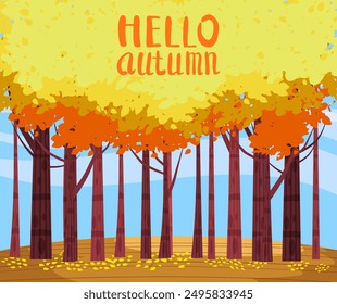 Autumn landscape, fall trees with yellow leaves, lonely bench