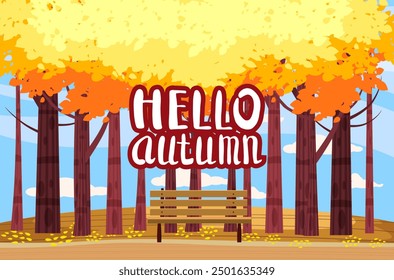 Autumn landscape, fall trees with yellow leaves, lonely bench