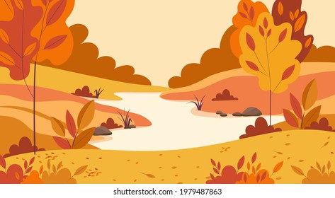 Autumn landscape with fallen leaves, yellow hills, river and forest. Vector illustration in trendy flat simple style. Background for banner, greeting card or poster