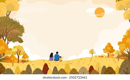 Autumn landscape with Family sitting in garden park looking at Sunset sky,cloud background,Vector illustration Cartoon Banner Nature Orange Foliage Rural Farm field in countryside with sunrise
