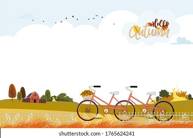 Autumn landscape farm field, barn, and trees with copy space, Vector cute Hello Autumn with bicycle in orange and yellow foliage, Autumn or Fall season for Banner, Sale, Card and template background 