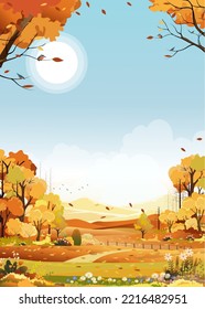 Autumn landscape of farm field with blue sky background, Fall season in countryside with cloudy sky and Sun, Mountain, grass land in Orange foliage,Vector banner for Autumnal backdrop