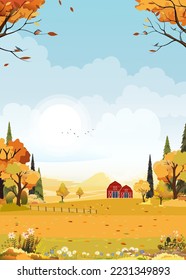 Autumn landscape of farm field with blue sky background,Horizon Fall season in countryside with cloudy sky and Sun, Mountain, grass land in Orange foliage,Vector Vertical banner for Autumnal backdrop