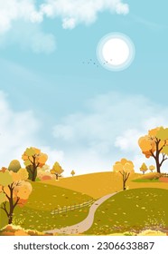 Autumn landscape of farm field with blue sky background,Horizon Fall season in countryside with cloud sky and Sun,Mountain,grass land in Orange foliage,Vector Vertical banner for Thanksgiving backdrop