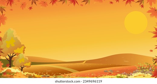 Autumn landscape of farm field with blue sky background,Horizon Fall season in countryside with cloud sky and Sun,Mountain,grass land in Orange foliage,Vector Vertical banner for Thanksgiving backdrop