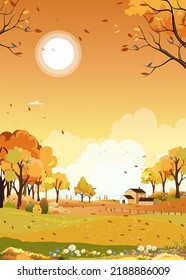 Autumn Landscape Of Farm Field With Orange Sky,Wonderland Of Mid Autumn In Countryside With Cloud Sky And Sun,Mountain,grass Land In Orange Foliage,Vector Banner For Fall Season Or Autumnal Background