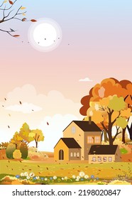 Autumn landscape of farm field with orange sky,Wonderland of Mid Autumn in countryside with cloud sky and Sun,Mountain,grass land in Orange foliage,Vector banner for fall season or Autumnal background