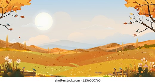 Autumn landscape of farm field with orange sky,Wonderland of Mid Autumn in countryside with cloud sky and Sun,Mountain,grass land in Orange foliage,Vector cartoon horizon banner fall season background