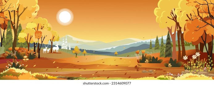 Autumn landscape of farm field with orange sky,Wonderland of Mid Autumn in countryside with cloud sky and Sun,Mountain,grass land in Orange foliage,Vector banner for fall season or Autumnal background