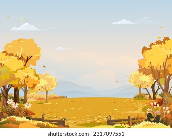 Autumn landscape farm field with sunset sky,Natural woodland rural countryside landscape with cloud,morning sky,mountain,grass land in orange foliage,Vector fall season banner,Thanksgiving background