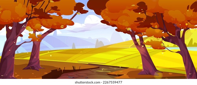 Autumn landscape with farm fields, forest and river. Rural scene, countryside with trees with orange foliage, yellow fields, lake and road in fall, vector cartoon illustration
