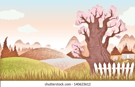 Autumn landscape of farm with house