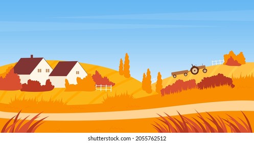 Autumn landscape with farm house, road and tractor on agriculture field vector illustration. Cartoon village countryside scene, yellow grass meadow and wheat fields with working agricultural machinery