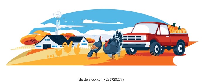 Autumn landscape of a farm with a red truck. Agriculture, farming and harvesting. Pets. Domestic birds. Turkeys and chickens. Vector flat illustration