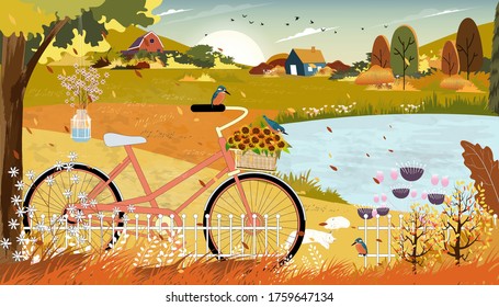 Autumn landscape with farmhouse and Kingfisher bird standing on bicycle near the lake,Vector late Summer in countryside with wood barn, wild flower and grass fields on hills.Eco Farming agriculture 