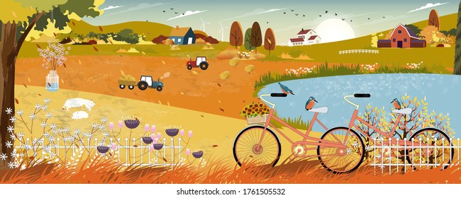 Autumn landscape with farmhouse and Kingfisher bird standing on bicycle by lake,Vector late Summer in countryside with wood barn, tractor and flowers grass fields on hills.Eco Farming agriculture 