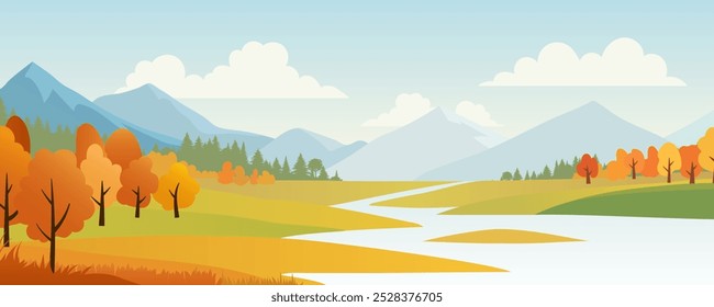 An autumn landscape featuring a serene river flowing through a valley, surrounded by trees and mountains. The scene includes bright fall colors, a blue sky. Not AI.