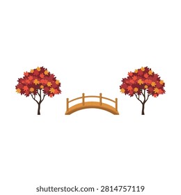 Autumn landscape featuring two red maple trees and a wooden arch bridge isolated on white background, for seasonal