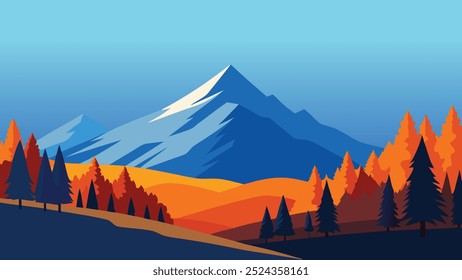 
Paisaje otoñal con árboles vibrantes y majestuosas montañas bajo una Ilustración vectorial plana de cielo azul claro