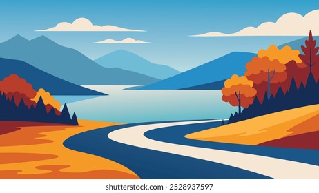 paisagem de outono com uma estrada sinuosa ao lado de um lago tranquilo cercado por colorido folhagem plana vetor ilustração