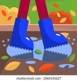 Autumn landscape. Feet in galoshes walk through the puddles. Vector illustration, flat minimal bright colorful cartoon design, eps 10.