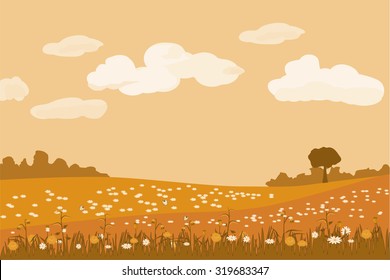 Autumn Landscape, field, grass, flowers, clouds, color, vector, banner, illustration