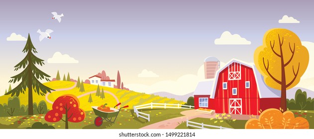 Autumn landscape with fields and red barn. Countryside landscape. Harvest season Farm building. Farm background.