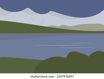 Autumn landscape. Flat concept. Background in muted tones. Forest lake.