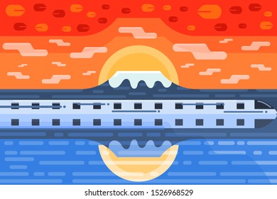 Autumn landscape flat design. Sunset snow mountain and high speed train on the lake with their reflection.