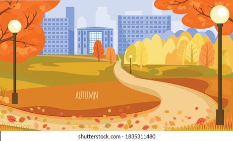 Autumn landscape in flat style. Maple. Nature.Trees. City. leaves. vector illustration. horizontal format