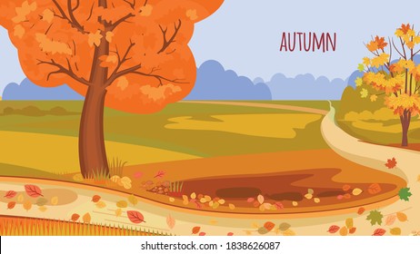 Autumn landscape in flat style.  Nature.Trees. City. leaves. vector illustration. horizontal format