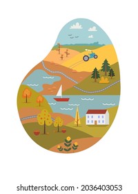 Autumn landscape flat vector illustration. Nature with lakes and trees, mountains, fields, leaves. Apple harvest. Countryside farm landscape. Autumn background