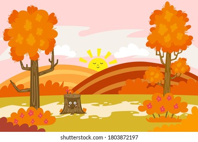 Autumn landscape of forest edge. Cartoon forest nature vertical background with trees and meadows. Vector illustration