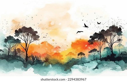 Paisaje otoñal en el bosque, dibujo a mano de la ilustración de la acuarela.