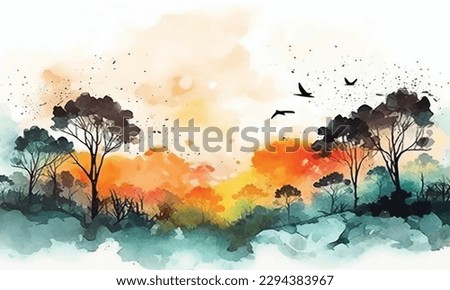 Autumn landscape in forest, hand drawing watercolor illustration.