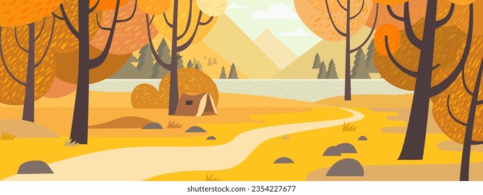 Autumn landscape  with forest lawn of Mid Autumn with camping tent, Mountain,grass land in Orange foliage,Vector banner for fall season or Autumnal background