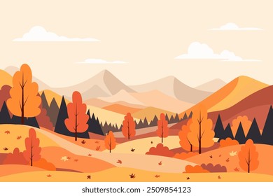 Paisaje otoñal de bosque y montañas. Impresionante paisaje de bosque mixto en la temporada de otoño. Hermosos árboles y campos de colores, hojas caídas y montañas. Ilustración vectorial de otoño.
