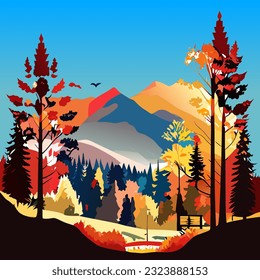 Autumn landscape with forest and mountains. Vector illustration in flat style