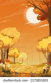 Autumn landscape forest with orange sky sunset,Vector Mid autumn natural in yellow foliage,Cartoon fall season at countryside with forest tree and grass field with sunrise,Backdrop natural banner 