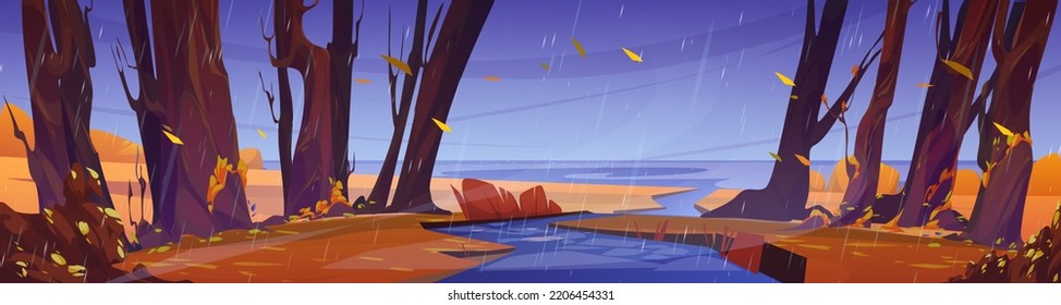 Autumn landscape with forest, river flowing into sea and meadow in rain. Fall nature scene with water stream, trees on lake coast at rainy weather, vector cartoon illustration