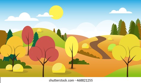 Autumn Landscape Forest Road Blue Cloud Sky Tree Flat Design Vector Illustration