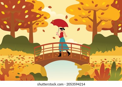 Autumn Landscape Forest Scenery with walking woman wearing umbrella Vector