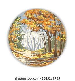 Autumn landscape with forest tree in background, autumn season scene, meadow, orange leaves, grass field vector, maple, park, yellow leaves falling