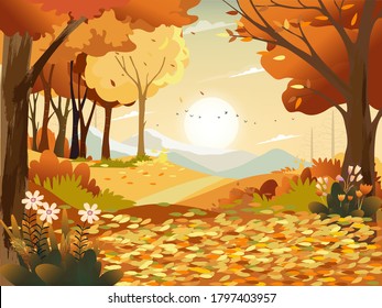 Autumn landscape with forest tree background,Cartoon Scene Fall Season Mountain,Meadow,Orange Foliage,Cloud,Yellow Sunset Sky,Vector nature morning sunrise grass field,maple tree,farm land in country
