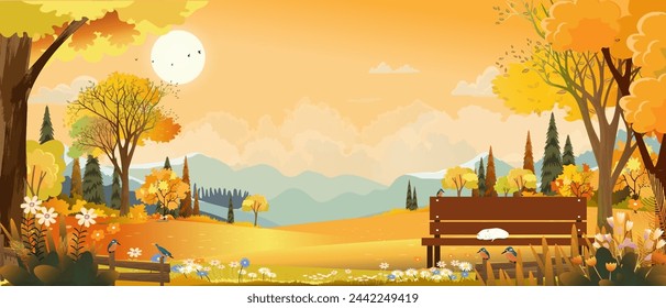 Paisaje de otoño con fondo de árbol de bosque, Escena de dibujos animados Estación de otoño Montaña, Prado, Follaje anaranjado, Nube, Cielo amarillo de la puesta del sol, Vector naturaleza mañana amanecer campo de hierba, árbol de arce, tierra de granja en el país